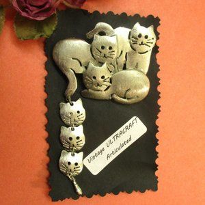 ULTRA CRAFT Silver Articulated Cats Brooch ~ VINTAGE Cluster Cats Movable Brooch